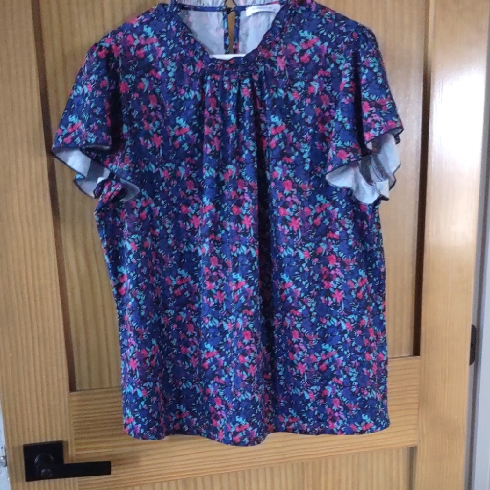 Simple Fun Women's XL Blouse Short Sleeve Blue Floral Print Crew Neck Knit